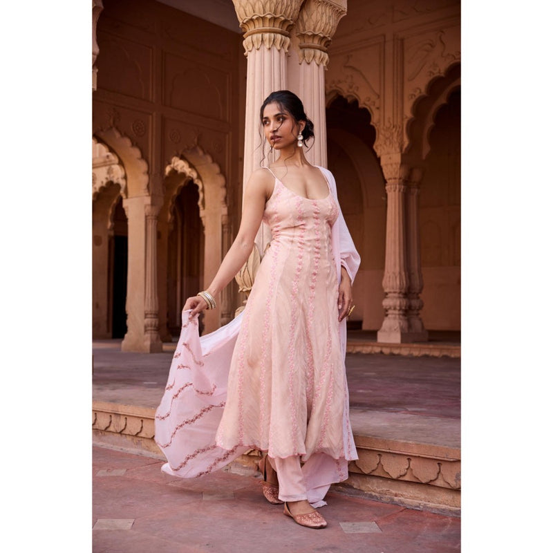 Saanjh by Lea Nisreen Peach Mulmul Anarkali Kurta with Pant and Dupatta