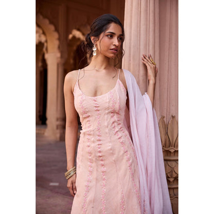 Saanjh by Lea Nisreen Peach Mulmul Anarkali Kurta with Pant and Dupatta