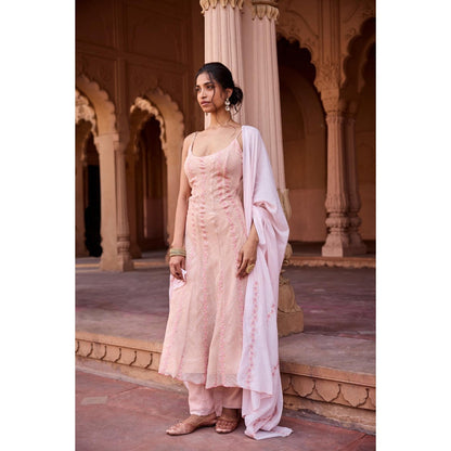 Saanjh by Lea Nisreen Peach Mulmul Anarkali Kurta with Pant and Dupatta