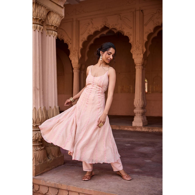 Saanjh by Lea Nisreen Peach Mulmul Anarkali Kurta with Pant and Dupatta
