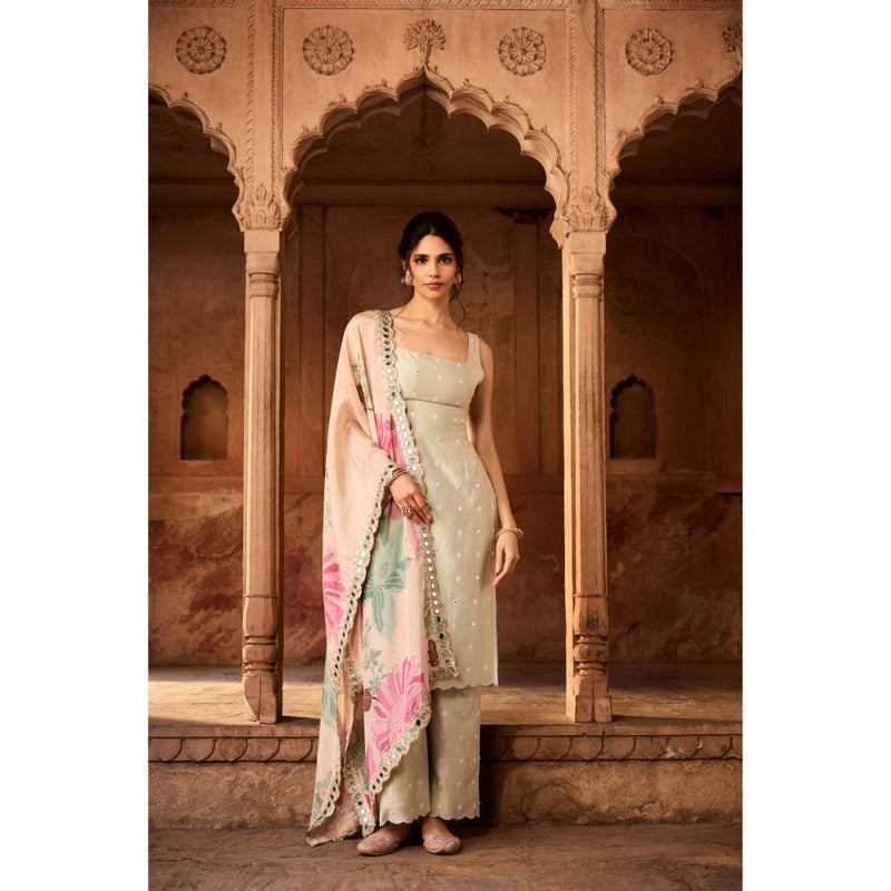 Saanjh by Lea Nusra Sage Green Long Kurta with Pant and Dupatta