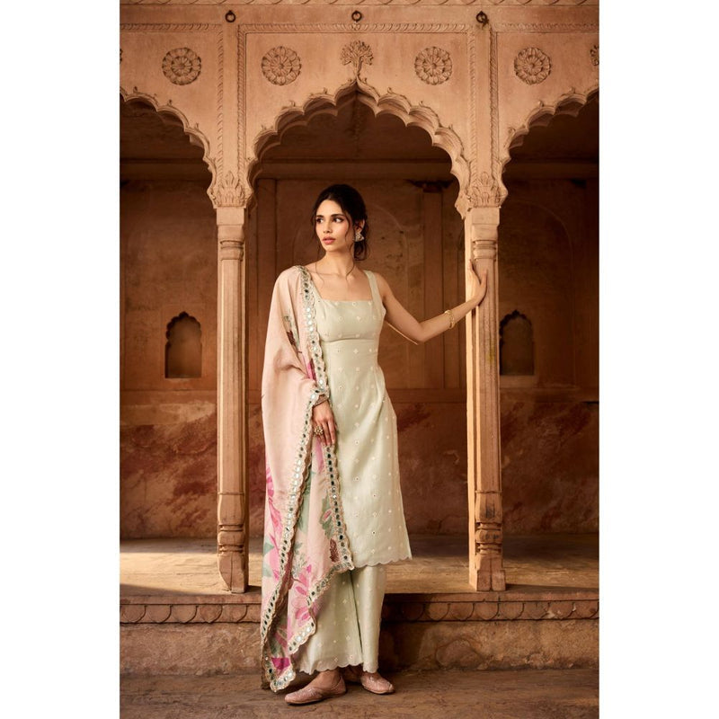 Saanjh by Lea Nusra Sage Green Long Kurta with Pant and Dupatta