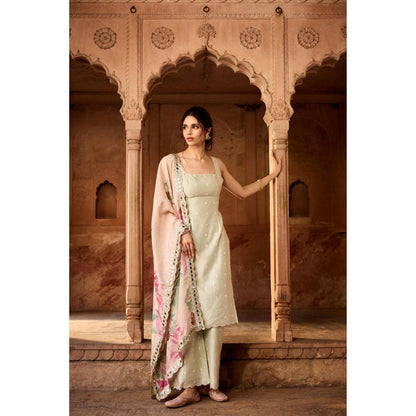 Saanjh by Lea Nusra Sage Green Long Kurta with Pant and Dupatta