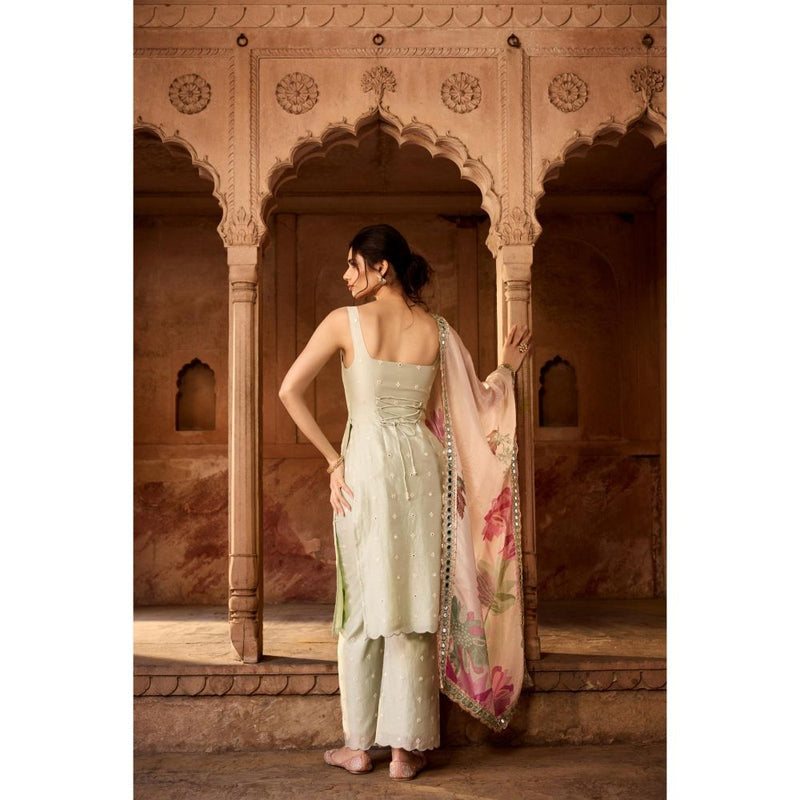 Saanjh by Lea Nusra Sage Green Long Kurta with Pant and Dupatta