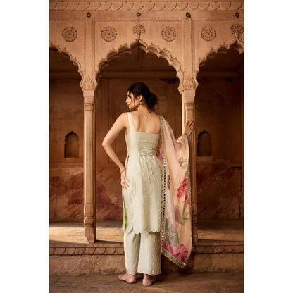 Saanjh by Lea Nusra Sage Green Long Kurta with Pant and Dupatta