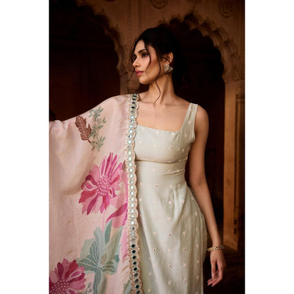 Saanjh by Lea Nusra Sage Green Long Kurta with Pant and Dupatta