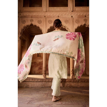 Saanjh by Lea Nusra Sage Green Long Kurta with Pant and Dupatta