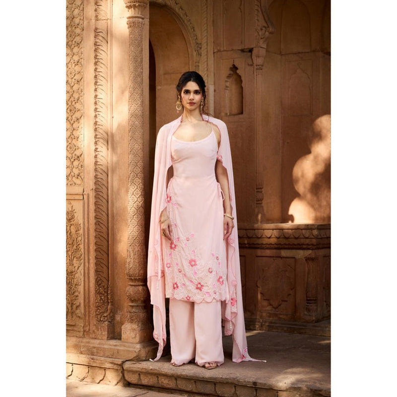 Saanjh by Lea Raaya Baby Pink Hand-Embroidered Kurta with Palazzo and Dupatta