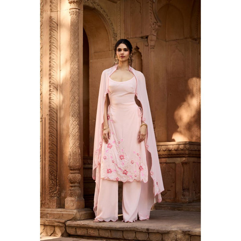 Saanjh by Lea Raaya Baby Pink Hand-Embroidered Kurta with Palazzo and Dupatta