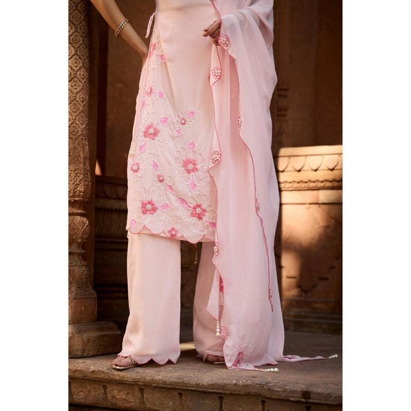 Saanjh by Lea Raaya Baby Pink Hand-Embroidered Kurta with Palazzo and Dupatta