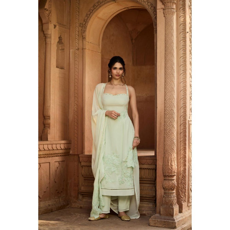 Saanjh by Lea Rati Pastel Green Georgette Straight Kurta with Pant and Dupatta