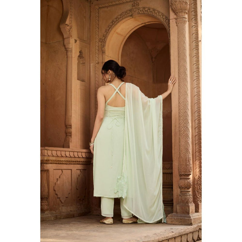 Saanjh by Lea Rati Pastel Green Georgette Straight Kurta with Pant and Dupatta