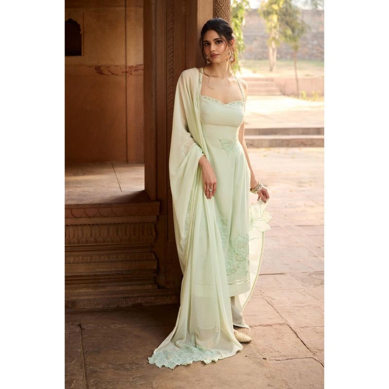 Saanjh by Lea Rati Pastel Green Georgette Straight Kurta with Pant and Dupatta