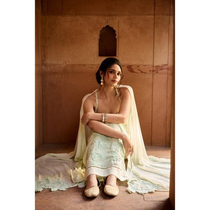 Saanjh by Lea Rati Pastel Green Georgette Straight Kurta with Pant and Dupatta