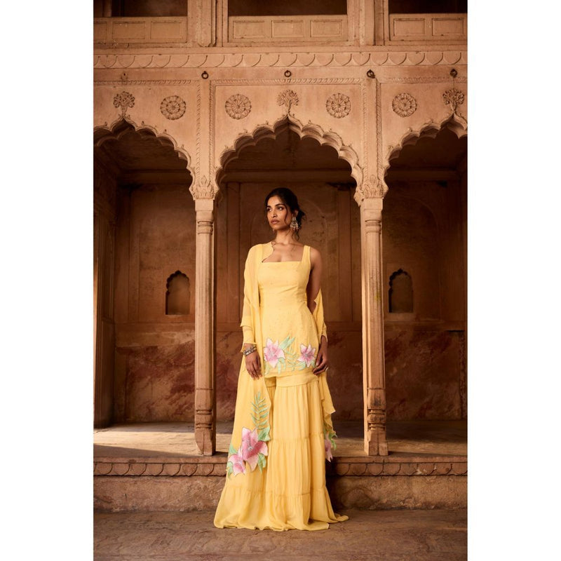 Saanjh by Lea Rehana Yellow Floral Embroidered Sharara with Kurti and Dupatta