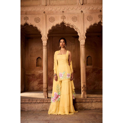 Saanjh by Lea Rehana Yellow Floral Embroidered Sharara with Kurti and Dupatta