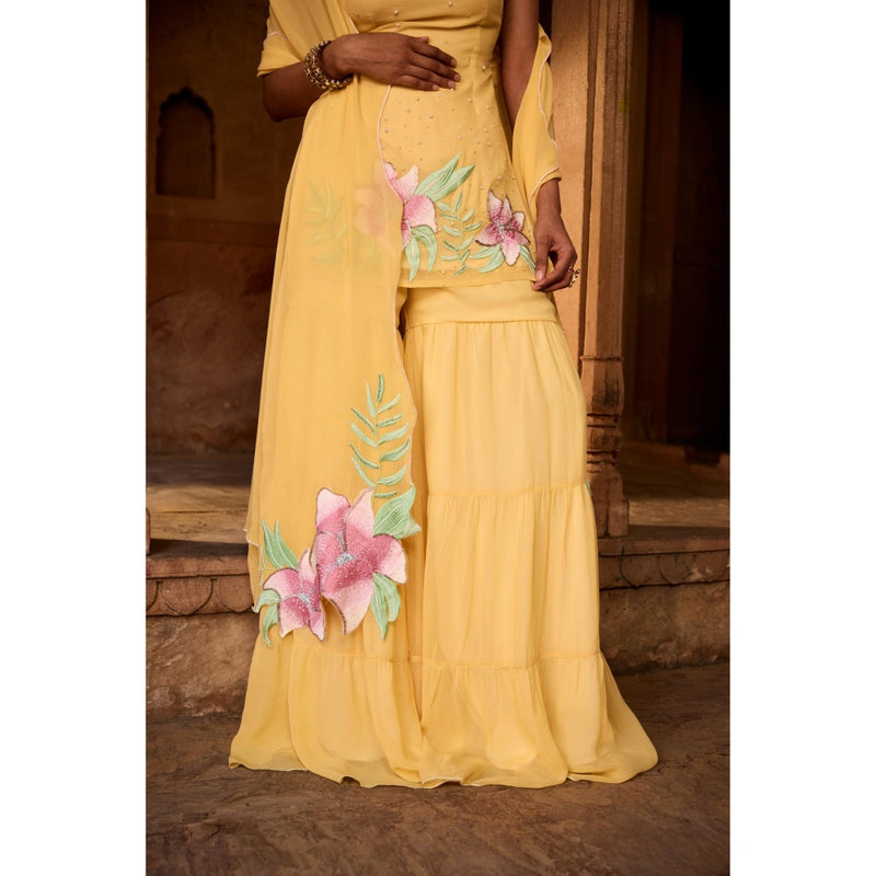 Saanjh by Lea Rehana Yellow Floral Embroidered Sharara with Kurti and Dupatta