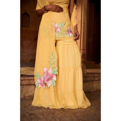 Saanjh by Lea Rehana Yellow Floral Embroidered Sharara with Kurti and Dupatta