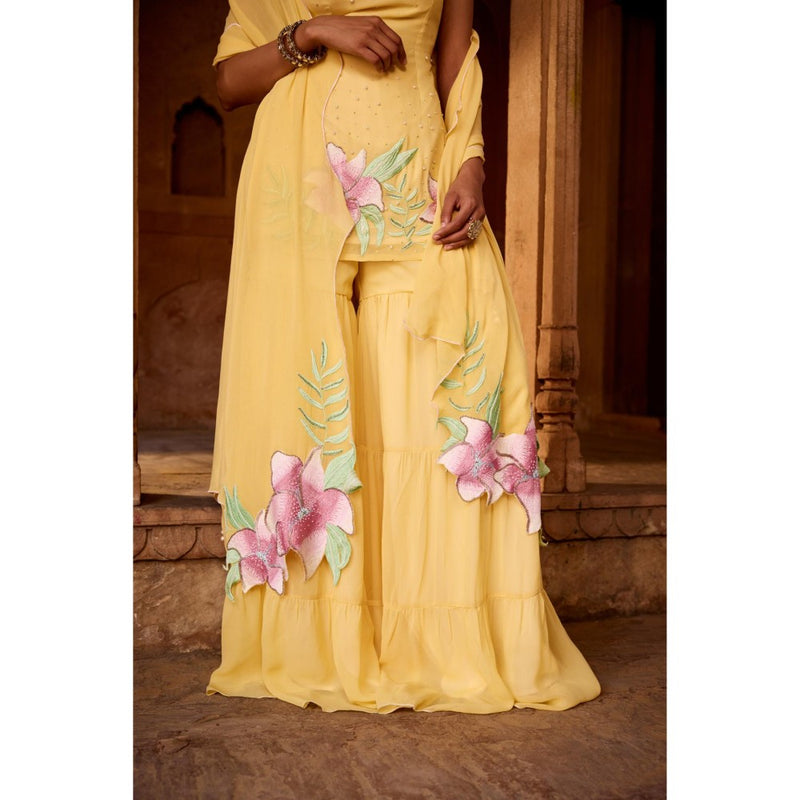 Saanjh by Lea Rehana Yellow Floral Embroidered Sharara with Kurti and Dupatta