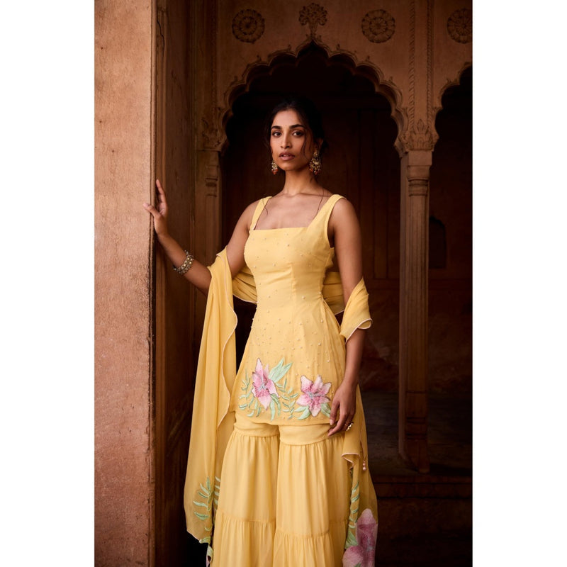 Saanjh by Lea Rehana Yellow Floral Embroidered Sharara with Kurti and Dupatta