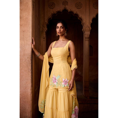 Saanjh by Lea Rehana Yellow Floral Embroidered Sharara with Kurti and Dupatta