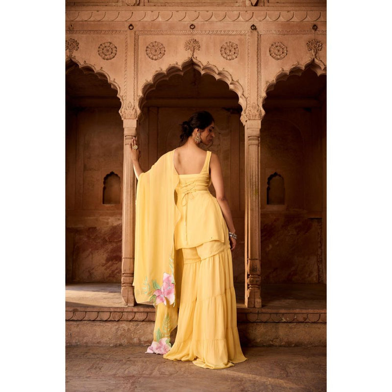 Saanjh by Lea Rehana Yellow Floral Embroidered Sharara with Kurti and Dupatta