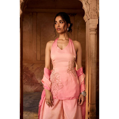Saanjh by Lea Saabat Pink Ombre Floral Embroidered Sharara with Kurti and Dupatta