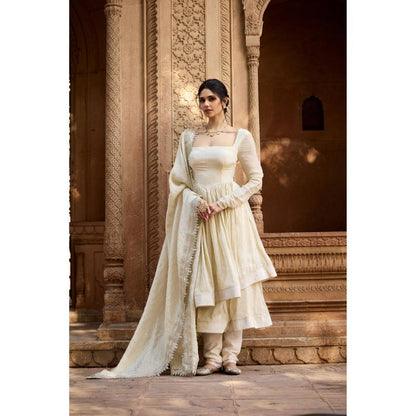 Saanjh by Lea Sehrish Ivory Mukaish Double Tiered Anarkali Kurta with Churidar and Dupatta