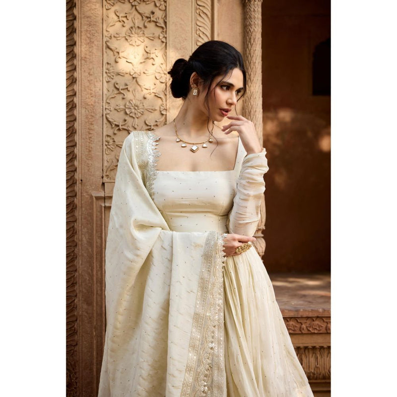 Saanjh by Lea Sehrish Ivory Mukaish Double Tiered Anarkali Kurta with Churidar and Dupatta