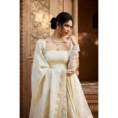 Saanjh by Lea Sehrish Ivory Mukaish Double Tiered Anarkali Kurta with Churidar and Dupatta