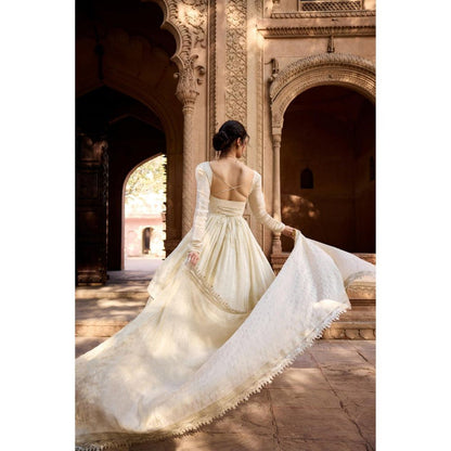 Saanjh by Lea Sehrish Ivory Mukaish Double Tiered Anarkali Kurta with Churidar and Dupatta