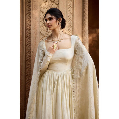 Saanjh by Lea Sehrish Ivory Mukaish Double Tiered Anarkali Kurta with Churidar and Dupatta