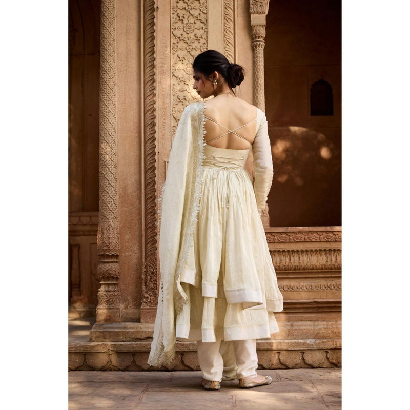 Saanjh by Lea Sehrish Ivory Mukaish Double Tiered Anarkali Kurta with Churidar and Dupatta