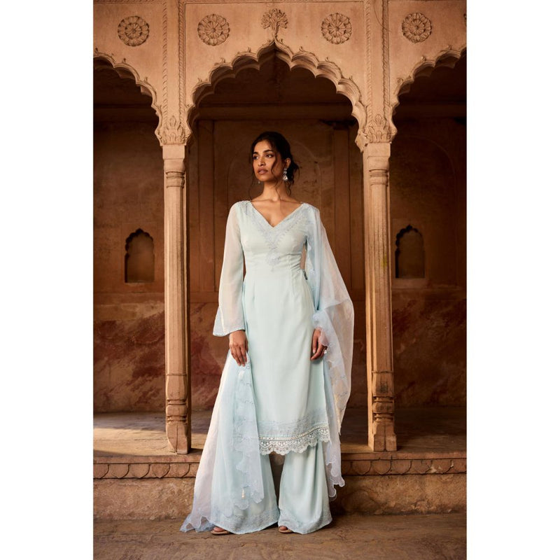 Saanjh by Lea Shafika Baby Blue Georgette Pakistani Style Kurta with Palazzo and Dupatta