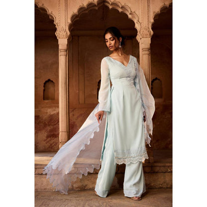 Saanjh by Lea Shafika Baby Blue Georgette Pakistani Style Kurta with Palazzo and Dupatta