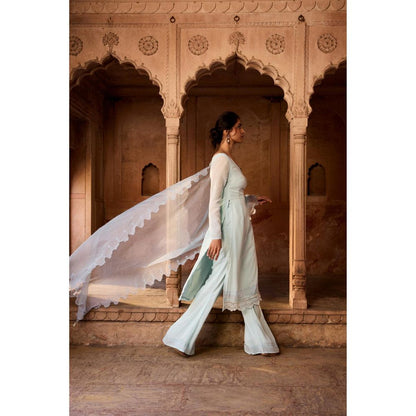 Saanjh by Lea Shafika Baby Blue Georgette Pakistani Style Kurta with Palazzo and Dupatta