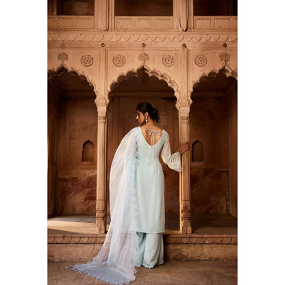 Saanjh by Lea Shafika Baby Blue Georgette Pakistani Style Kurta with Palazzo and Dupatta