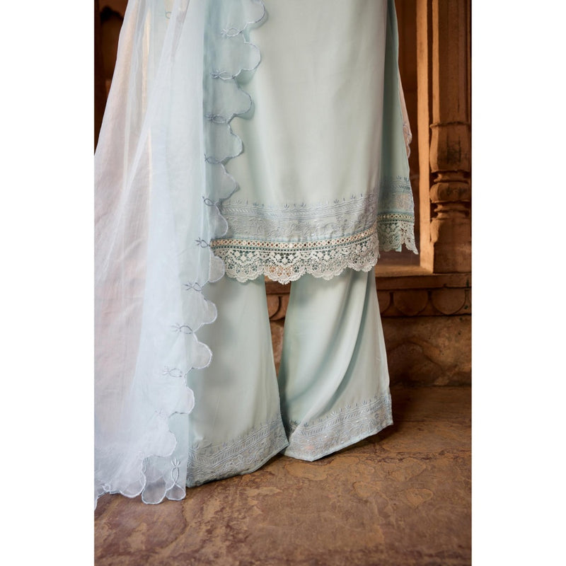 Saanjh by Lea Shafika Baby Blue Georgette Pakistani Style Kurta with Palazzo and Dupatta