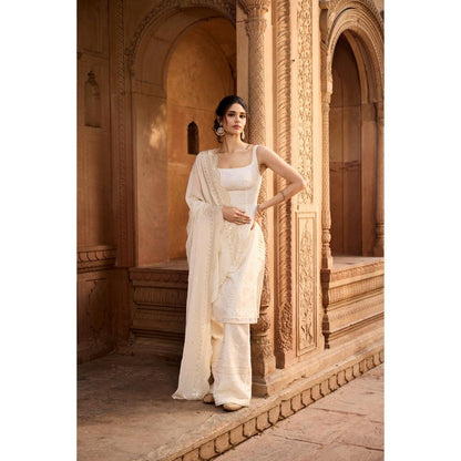 Saanjh by Lea Shaiza Ivory Chikankari Kurta with Palazzo and Dupatta