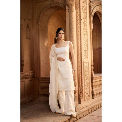 Saanjh by Lea Shaiza Ivory Chikankari Kurta with Palazzo and Dupatta