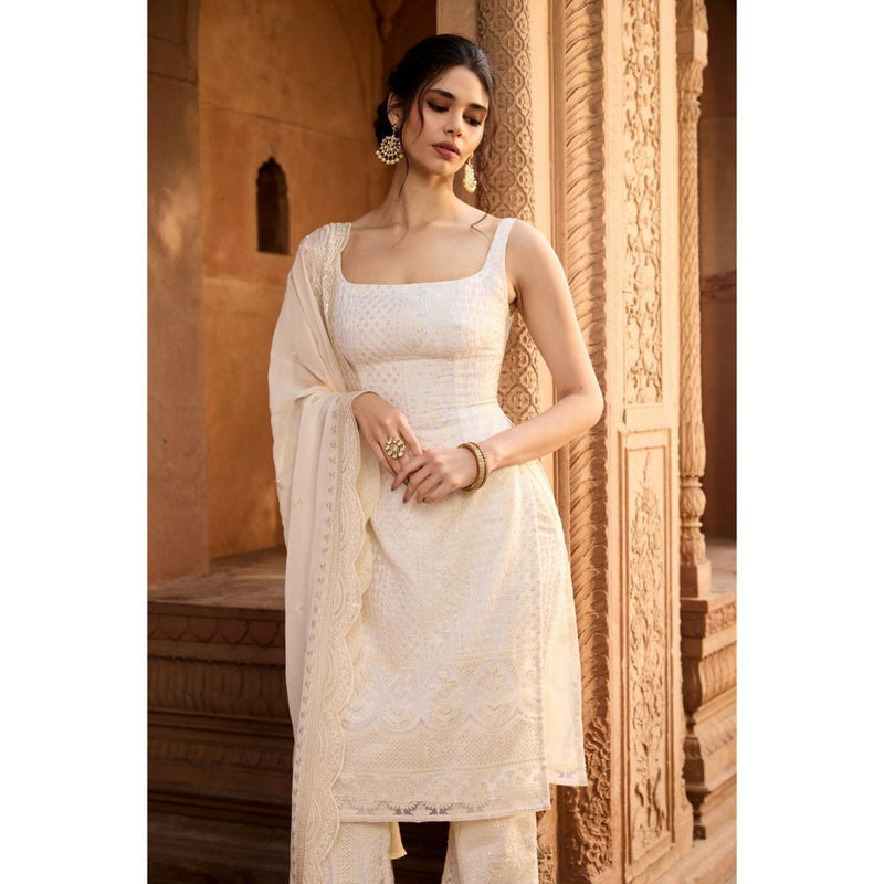 Saanjh by Lea Shaiza Ivory Chikankari Kurta with Palazzo and Dupatta