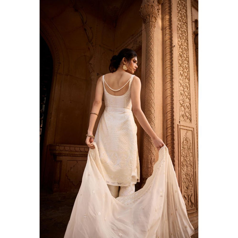 Saanjh by Lea Shaiza Ivory Chikankari Kurta with Palazzo and Dupatta
