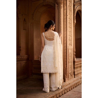 Saanjh by Lea Shaiza Ivory Chikankari Kurta with Palazzo and Dupatta