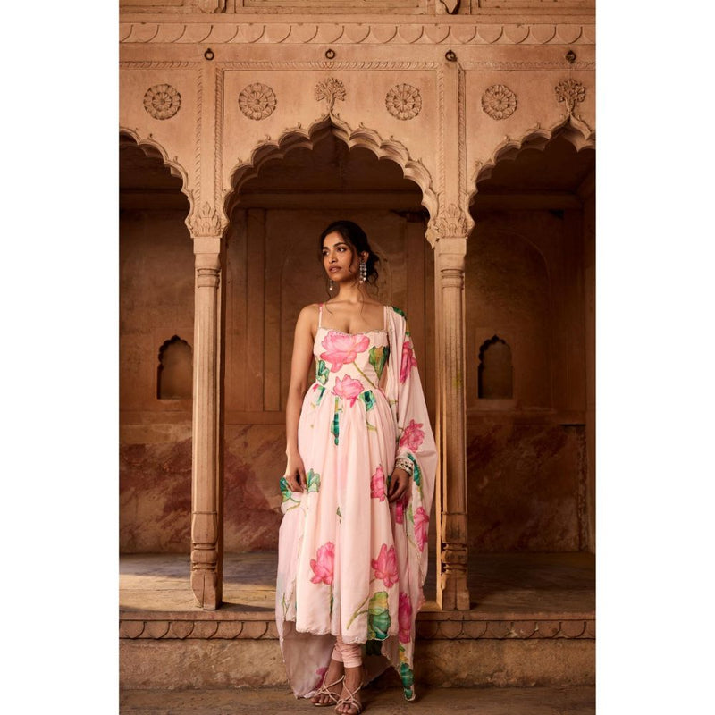 Saanjh by Lea Ziya Pink Floral Printed Corset Anarkali Kurta with Churidar Pant and Dupatta