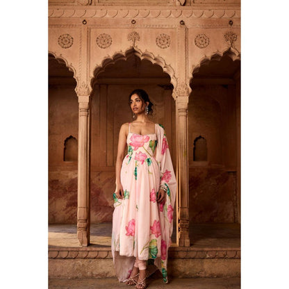 Saanjh by Lea Ziya Pink Floral Printed Corset Anarkali Kurta with Churidar Pant and Dupatta