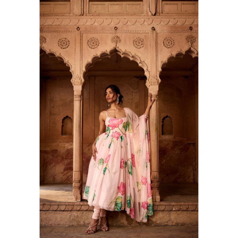 Saanjh by Lea Ziya Pink Floral Printed Corset Anarkali Kurta with Churidar Pant and Dupatta
