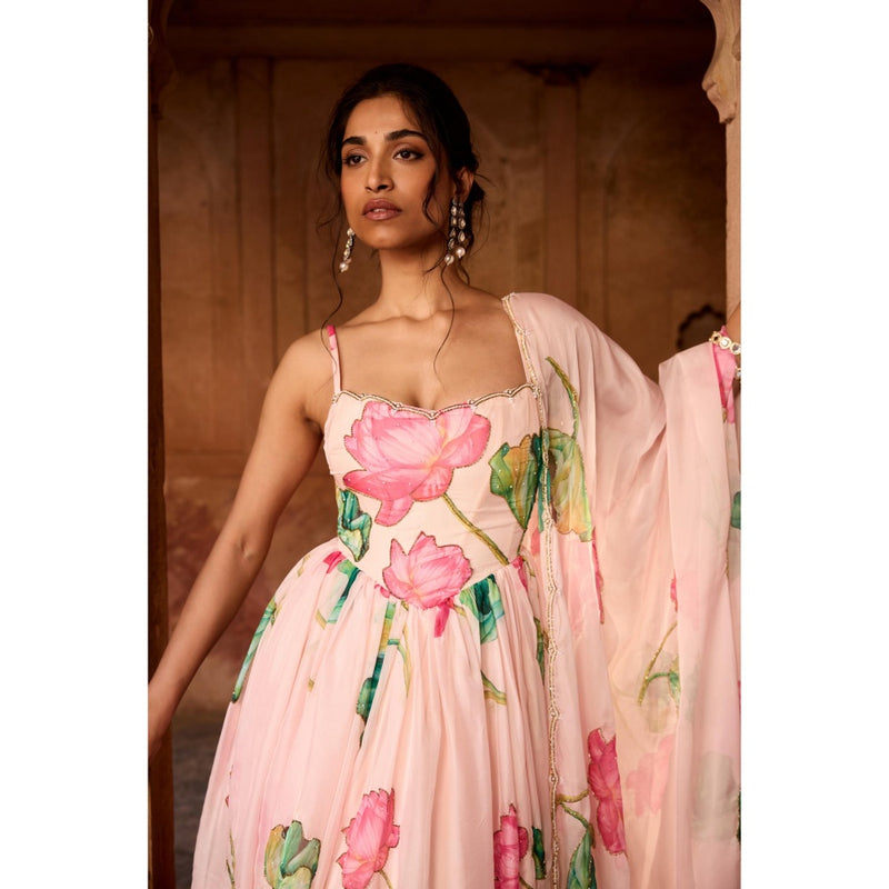 Saanjh by Lea Ziya Pink Floral Printed Corset Anarkali Kurta with Churidar Pant and Dupatta
