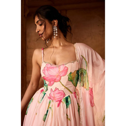 Saanjh by Lea Ziya Pink Floral Printed Corset Anarkali Kurta with Churidar Pant and Dupatta