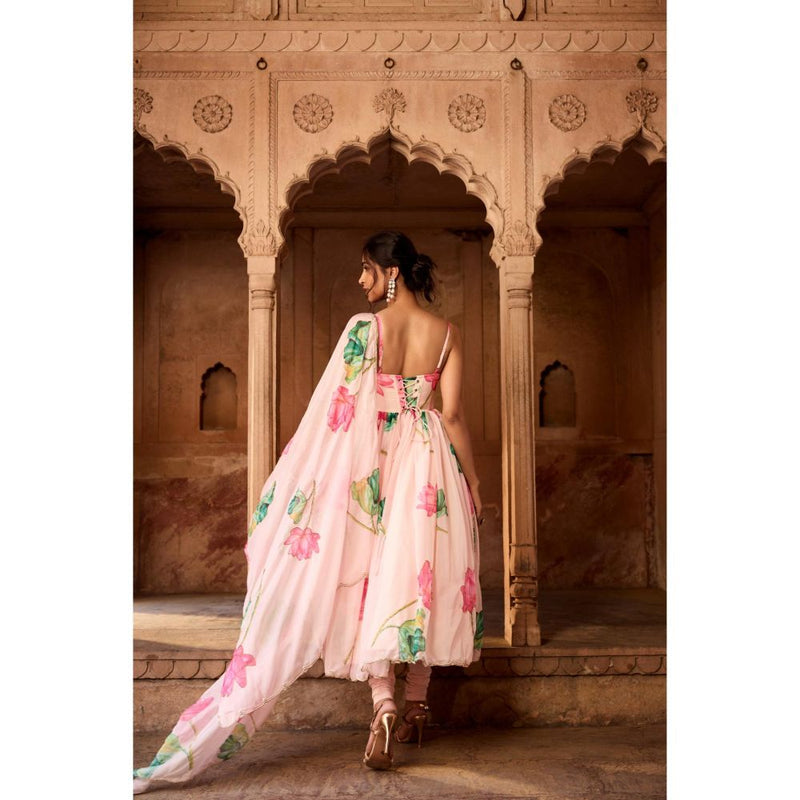 Saanjh by Lea Ziya Pink Floral Printed Corset Anarkali Kurta with Churidar Pant and Dupatta