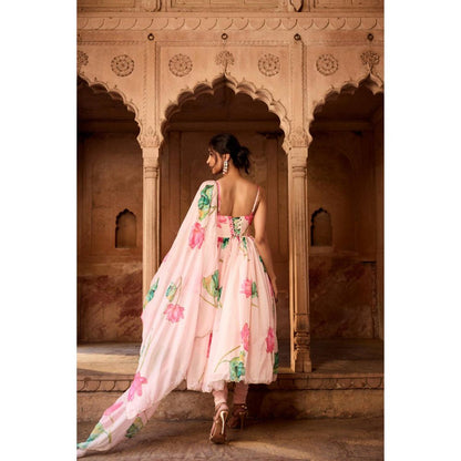 Saanjh by Lea Ziya Pink Floral Printed Corset Anarkali Kurta with Churidar Pant and Dupatta